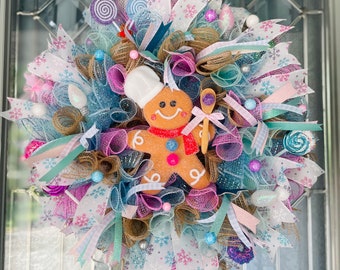 Pastel Gingerbread Christmas mesh wreath