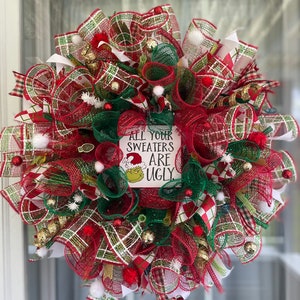 The Green Christmas Monster Ugly Sweater Mesh Wreath with Lights