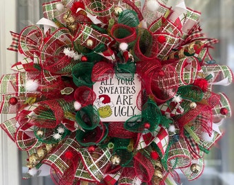 The Green Christmas Monster Ugly Sweater Mesh Wreath with Lights