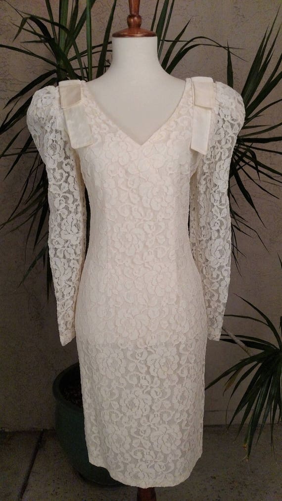 1990's cream dress, lace, formal, semi formal, v neck front & back, long sleeves, midi, vintage 1990's cream dress, lace, formal, semi formal, v neck front & back, long sleeves, midi, vintage