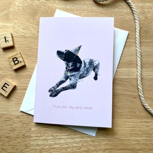 May include: A birthday card featuring a black and white dog wearing a colourful party hat. The card has a pink background and the text "Enjoy your day, party animal".