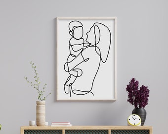 Impresión digital minimalista de arte lineal de madre e hijo, día de la madre, regalo para nueva mamá