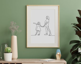 Madre e hija línea arte impresión digital minimalista, día de las madres, regalo para mamá