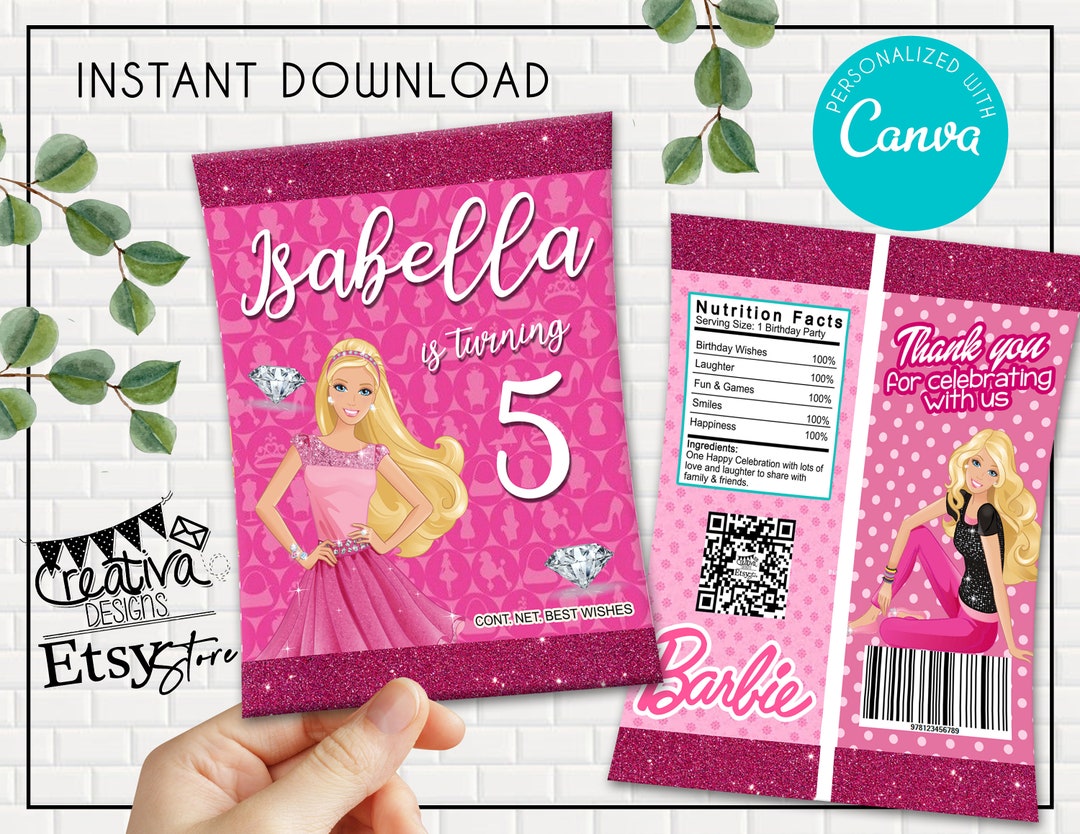 Printable Barb Chip Bags, Barb Party, Edit on Canva , Instant Download ...