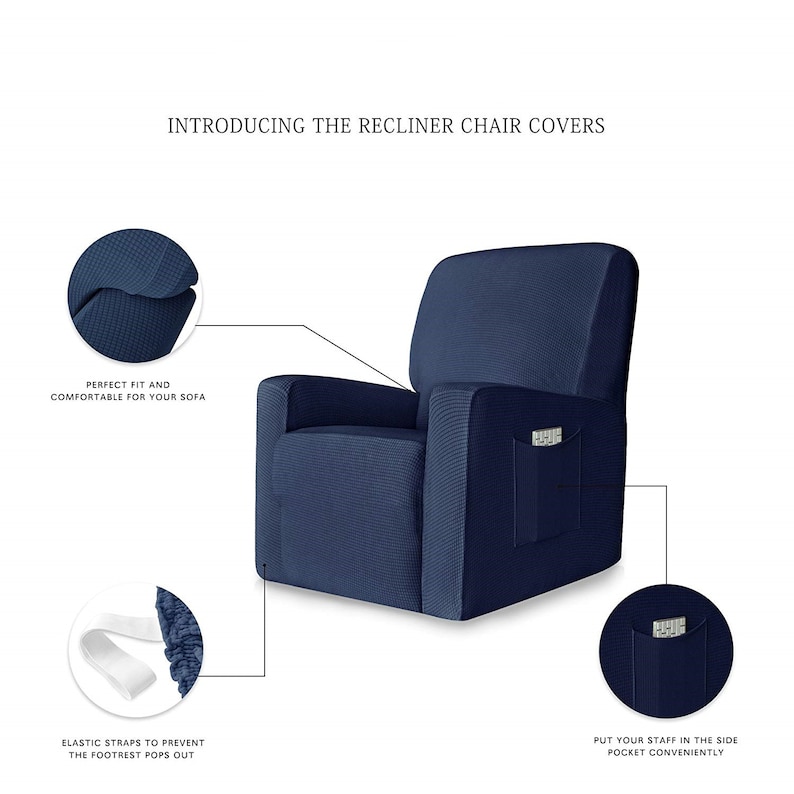 Stretch Spandex Jacquard Recliner Chair Slipcovers with Elastic Bottom Side Pocket Furniture Protector