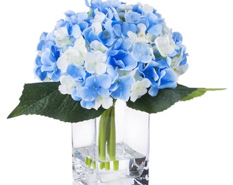 Silk Hydrangea Arrangement in Glass Vase With Faux Water, Artificial Floral Centerpiece, Fake Flower Stems, Home Wedding Office Decoration