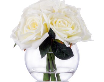 Enova Home 10 Heads Silk Rose Artificial Flower Arrangement in Round Clear Glass Vase With Faux Water Fake Realistic Bouquet Home Wedding