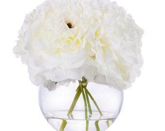 Enova Home 5 Heads Silk Peony Artificial Flower Arrangement in Clear Glass Vase With Faux Water Fake Peont Bouquet Centerpiece Home Wedding