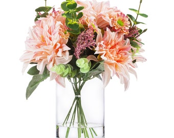 Enova Home Mixed Artificial Dahlia Flower and Eucalyptus Grass Arrangement in Clear Glass Vase With Faux Water Silk Flower Arrangement