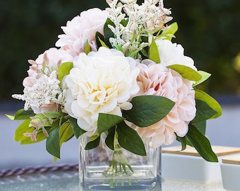 Artificial Silk Dahlia Flower Arrangement in Glass Vase With Acrylic Water, Faux Floral Centerpiece, Silk Flower Arrangement, Home Wedding