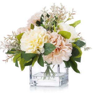 Artificial Silk Dahlia Flower Arrangement in Glass Vase With Acrylic Water, Faux Floral Centerpiece, Silk Flower Arrangement, Home Wedding image 3