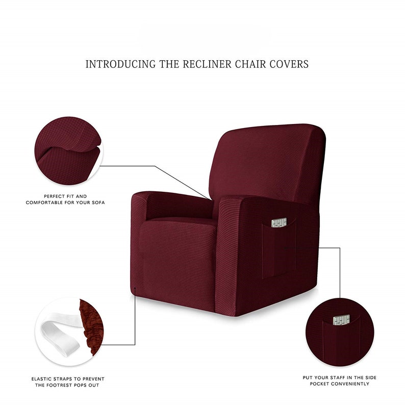 Stretch Spandex Jacquard Recliner Chair Slipcovers with Elastic Bottom Side Pocket Furniture Protector