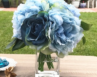 Peony Rose and Hydrangea Mixed Faux Flower Arrangement  With Clear Glass Vase, Artificial Peony Centrepiece, Real Touch Peony arrangement