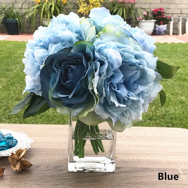 Peony Rose and Hydrangea Mixed Faux Flower Arrangement  With Clear Glass Vase, Artificial Peony Centrepiece, Real Touch Peony arrangement