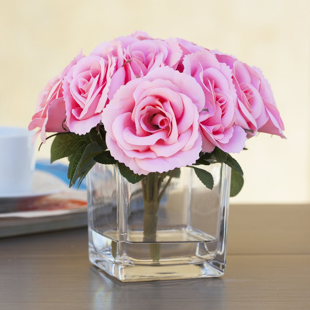 Enova Home Velvet Rose Artificial Flower Arrangement in Cube Glass Vase ...