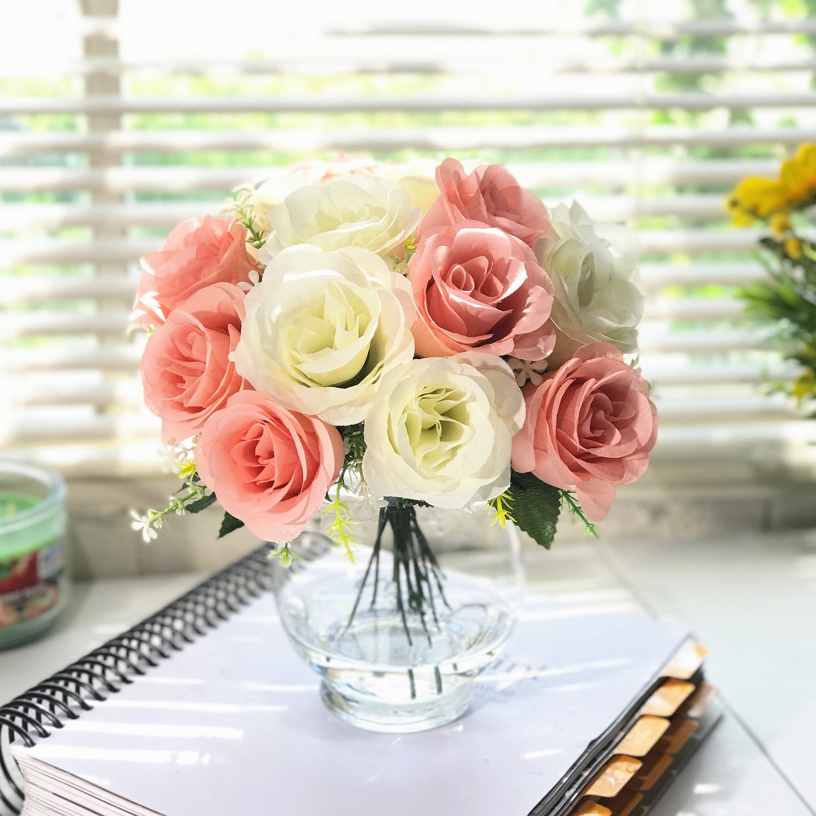 Mixed Silk Rose Flower Arrangement in Clear Glass Vase With Etsy