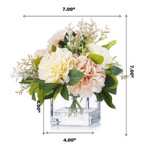 Artificial Silk Dahlia Flower Arrangement in Glass Vase With Acrylic Water, Faux Floral Centerpiece, Silk Flower Arrangement, Home Wedding image 2