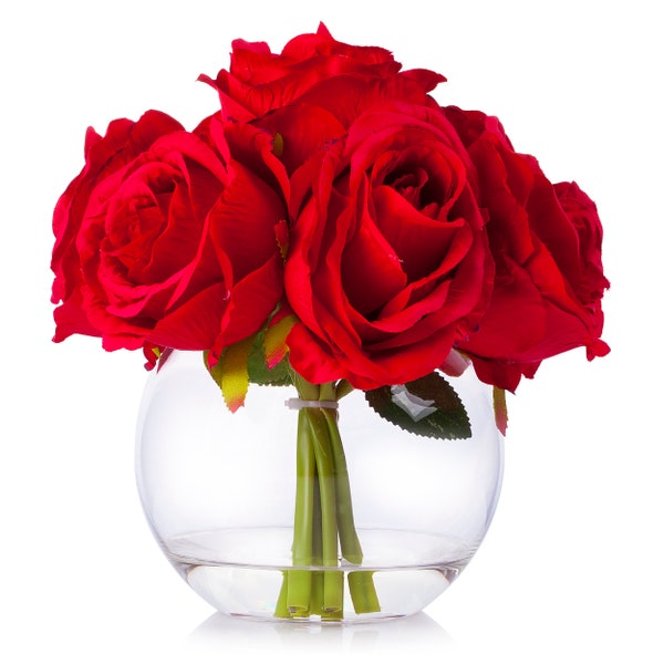 Enova Home 7 Heads Red Rose Artificial Flower Arrangement in Glass Vase With Faux Water Centerpiece Floral For Home Wedding Event Decoration