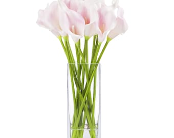 Enova Home Artificial Real Touch Lilies Flower Arrangement in Glass Vase With Faux Water Fake Lily Centerpiece Realistic Home Decoration