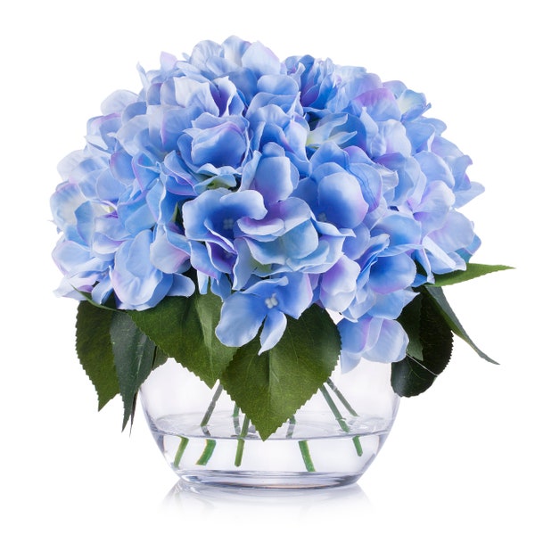 Enova Home Silk Hydrangea Artificial Flower Arrangement Centerpiece in Glass Vase with Faux Water Realistic Fake Home Party Wedding Decor