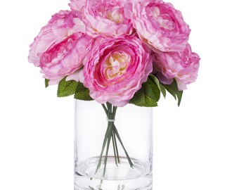 Enova Home Artificial Silk Peony Flower Arrangement in Glass Vase With Faux Water Fake Floral Centerpiece Realistic Decoration Wedding Home