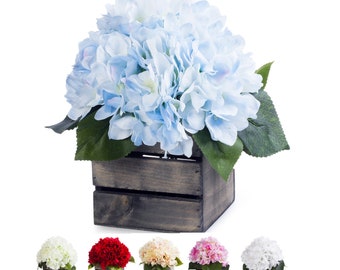 Enova Home Artificial Silk Hydrangea Flower Arrangement in Wood Planter Simple and Gorgeous Arrangement For Home Office Decoration