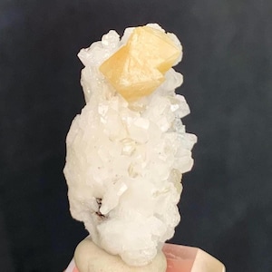 Puede incluir: Espécimen mineral natural. Presenta un grupo de formaciones cristalinas blancas con un prominente cristal cúbico de color amarillo dorado en la parte superior. El mineral se asienta sobre una pequeña base redondeada, sobre un fondo oscuro.