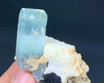 Natural Sky blue Aquamarine With Black Tourmaline from Skardu Pakistan, Natural Sky Blue Aquamarine with Tourmaline / 270 CT