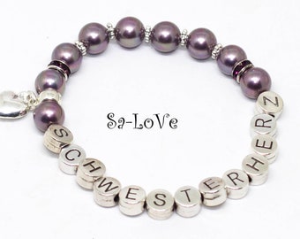 Sister Heart Bracelet Name Bracelet Communion Confirmation Bracelet Shell Core Beads with Heart, Sister Bracelet, Beaded Bracelet for Sister