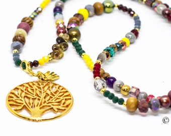 Boho Edelstein Perlenkette Lebensbaum vergoldet, Edelstein Kette Lebensbaum, tree of life necklace, Achat Schmuck