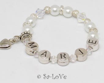 Silver-plated baptism name bracelet heart Swarovski