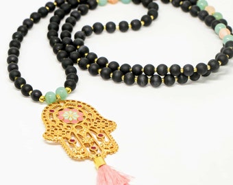 Mala necklace with gilded hamza hand and jade, Mala Hamsa hand, necklace hamza, Fatima's hand necklace gold