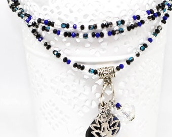 Kristallkette schwarz-blau 2mm mit Bettelanhänger Wechselanhänger Jaspis Lotus Buddha, Bettelkette Edelstein, Lange Kette, necklace gemstone