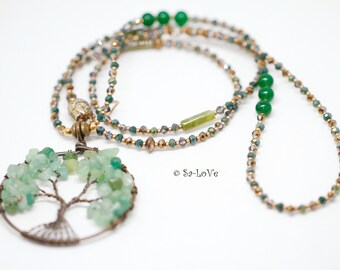 Crystal chain copper green with XXL tree of life, aventurine, moss agate and jade gemstones, Tree of life, crystal necklace