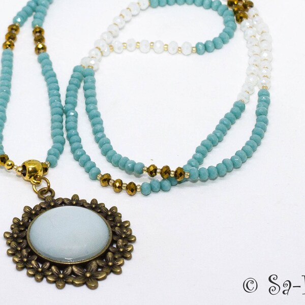 Kristallkette türkis weiß altgold mit Polaris Amulett, crystal necklace