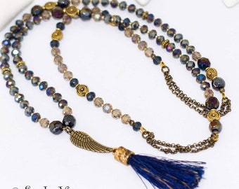 Kristallkette Perlenkette blau gold mit Flügel und Quaste , lange Bettelkette, Quastenkette blau, Kette mit Flügel, crystal necklace