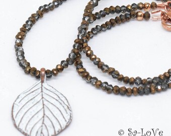 RESERVIERT! Kristallkette Bronze Patina mit Blatt, kurze Kette braun, Collier Kristallkette crystal necklace leaf choker