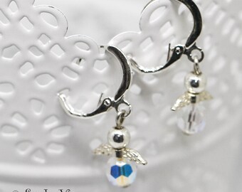 Silver Mini Angel Earrings with Silver Hematite Ball and Swarovski Crystal Bead, Angel Earings