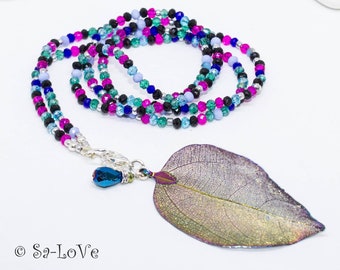 Crystal chain colorful leaf chain rainbow, long chain with leaf turquoise purple pink, boho hippie, crystal jewelry, necklace leaf