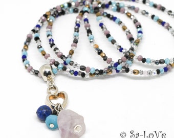Kristallkette türkis-lila mit Bettelanhänger Wechselanhänger Amethyst, Bettelkette, Lange Kette, necklace gemstone