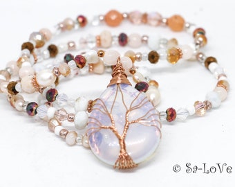 Necklace tree of life moonstone pendant rose gold, jade pearls, freshwater pearls and glass beads, natural stone chain, necklace gemstone tree of life