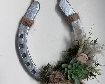 Horseshoe silver lucky charm gift succulent dried flowers