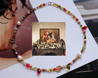 Last Dinner Party inspired Prelude to Ecstasy beaded necklace leaf green brown red freshwater pearl