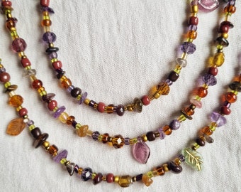 Autumn Fall Inspired Crystal Leaf Necklace beaded with brown, purple, green, orange silver plated bracelet sterling silver gemstone Amethyst