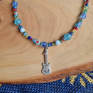 Wolf Alice Blue Weekend album beaded necklace with tibetan silver guitar charm worn by ellie rowsell sterling silver