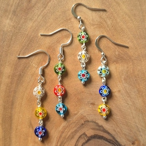 Glass Flower Millefiori Bead Multicoloured Earrings Pretty Dropper Dangly Boho Sterling Silver Hook Spring Summer Holiday