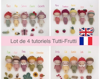 Set of 4 French/English PDF tutorials for crocheting 20 little seasonal dolls, pattern, crochet model explanations