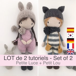 Peut inclure: Deux patrons de poupée au crochet, l'un avec des oreilles de lapin et une tenue rose, l'autre avec des oreilles de chat et une tenue rayée. L'ensemble de patrons s'appelle "LOT de 2 tutoriels - Set of 2 Petite Luce + Petit Lou".