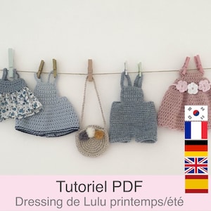 PDF-tutorial in het Frans/Engels/Duits/Spaans/Koreaans haakpatroon poppengarderobe lente/zomer, poppenkledingpatroon