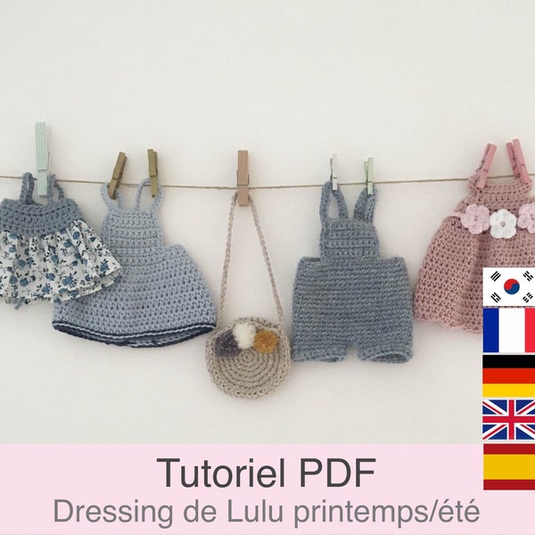 PDF tutorial in French/English/Deutsch/Español/Korean spring/summer crochet doll dressing, doll clothes pattern